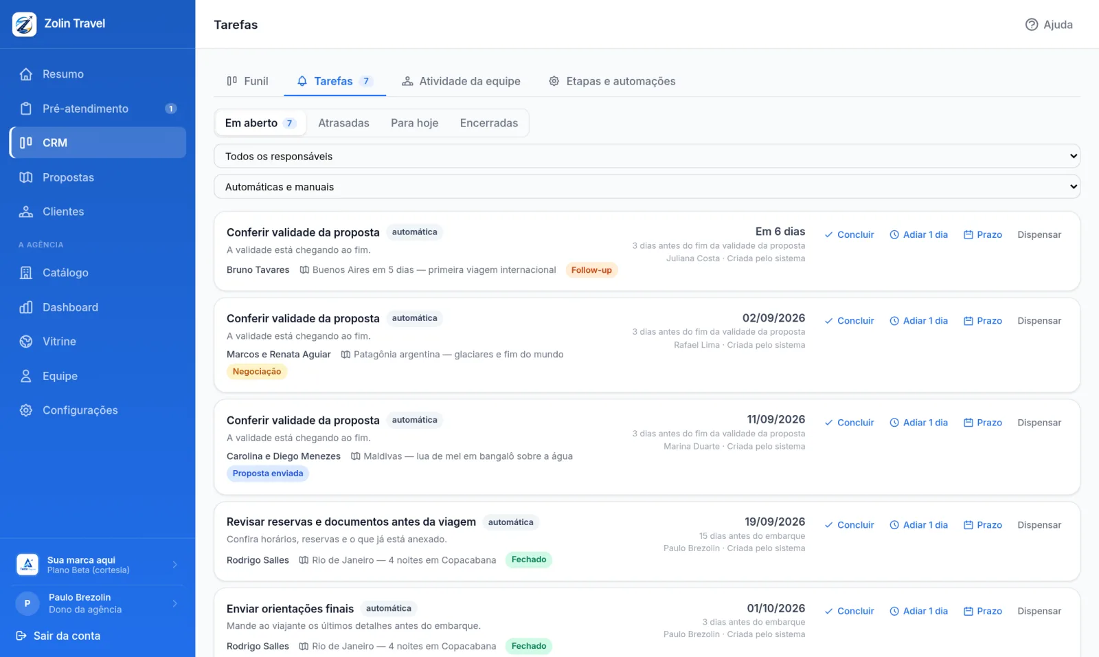 Aba de tarefas do CRM com as próximas ações e seus prazos